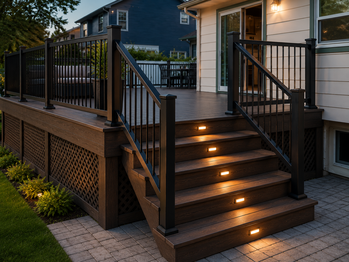 Deck stairs with built-in warm lighting and black railings